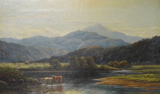19th century School, Welsh valley with cattle watering, unsigned, oil on canvas, 29 x 49cm, gilt frame